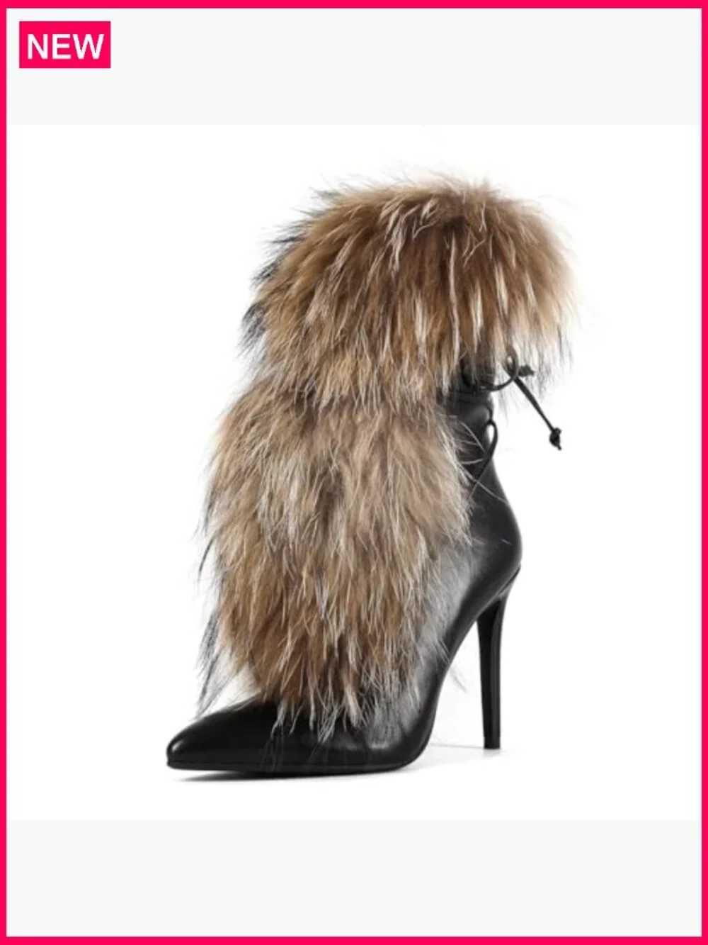 Handmade Stiletto Ankle Booties, Furry Fluffy Fur Lace-Up Heeled Boots